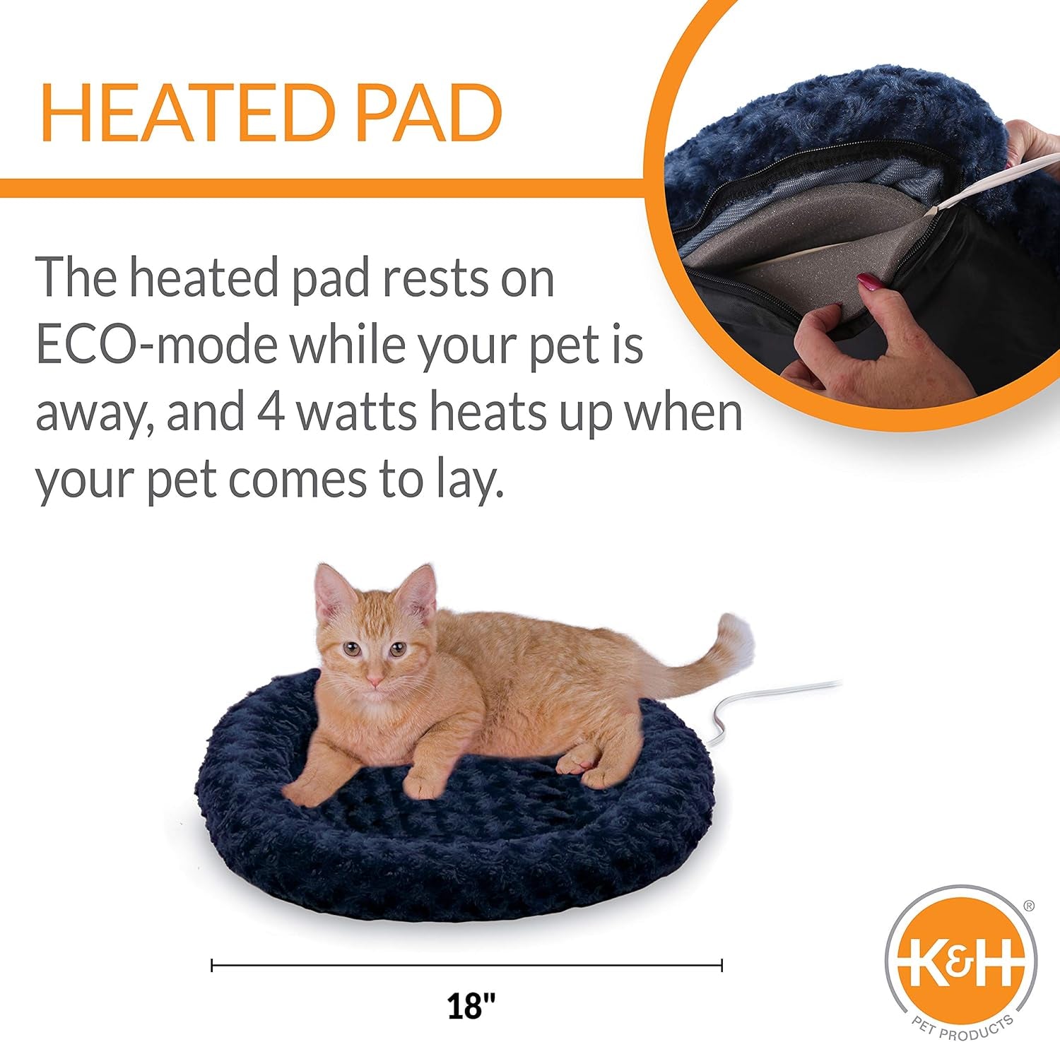 Bolster Heated Cat Bed for Indoor Cats, Thermo-Kitty Fashion Splash Orthopedic Foam Heated Pet Bed for Cats or Dogs, Waterproof Pet Heater, Safety Listed Small 18In round Blue
