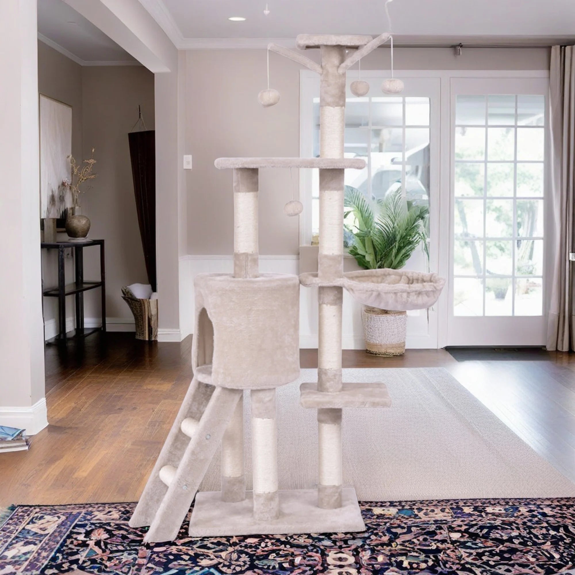 57" 4 Levels Platform Cat Tree House, Cat Condo for Large Cats with Fully Scratching Posts, Cat Tower for Indoor, Beige